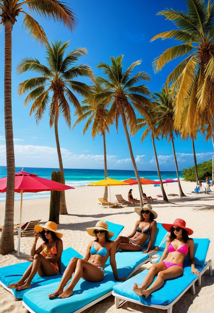 A vibrant beach scene with a diverse group of stylish women showcasing various colorful swimwear, lounging on sunbeds with oversized hats and sunglasses. The setting includes palm trees, crystal-clear blue waters, and a golden sun casting warm light on the soft sand. Incorporate playful beach accessories like beach balls and towels to enhance the lively atmosphere. Include a hint of trendy beachside cafes in the background. super-realistic. vibrant colors. beach aesthetic.