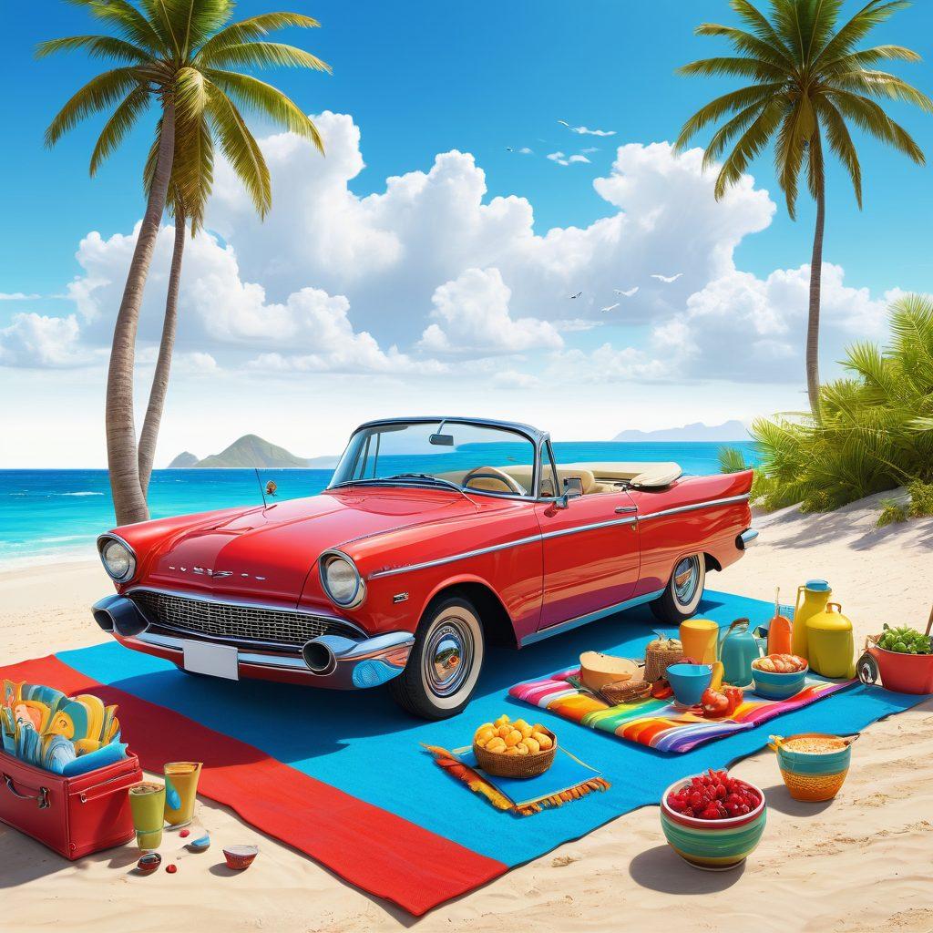 A sunny outdoor scene featuring a vibrant convertible car parked on a beachside road, with a happy family enjoying a picnic nearby. Overlay illustrations of various auto insurance icons like shields and checklists, emphasizing protection and joy. Bright blue skies and palm trees in the background create a relaxing atmosphere. cartoon style. vibrant colors. 3D elements.